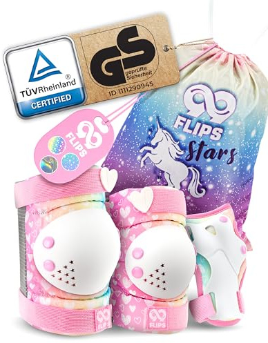 99FLIPS Inliner Schoner Kinder 3-12 Jahre - TÜV Rheinland GS Zertifiziert | Knieschoner, Ellenbogen Schoner und Handschützer [6er Set] mit Einhorn Beutel - für Skateboard und Inline Skates
