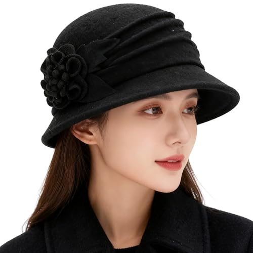 1920er Jahre Bowler Cloche Bucket Hat für Damen – Winter Warm Kirche Derby Fedora Hut mit Schleife, Wolle-Schwarz, M/L