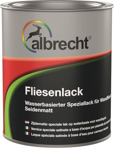 Albrecht Fliesenlack 750 ml | Weiß seidenmatt | Wasserbasierter Speziallack | 2-in-1 Grundierung & Decklack | Für Wandfliesen in Küche & Bad | Lack der grundiert, deckt & versiegelt