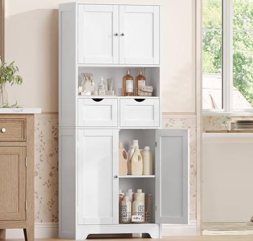 TEENFON Badezimmerschrank, Badschrank Hochschrank mit 4 Türen, 2 Schubladen & 2 Höhenverstellbaren Regalen - Weiß - 60 x 30 x 147cm - Für Flur, Wohnzimmer, Eingangsbereich