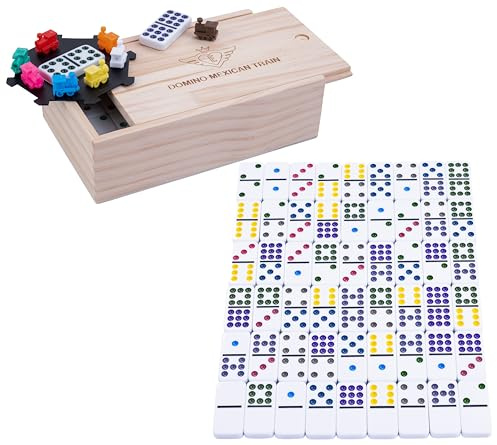 Mexican Train Domino Spiel Im Holzkasten, 9 mm, Doppel 9 | 55 Dominosteine. Für 2–4 Spieler. Mexikaner Zug Domino Mit Lokomotive Für Erwachsene, Kinder Und Senioren.