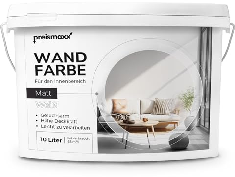 Preismaxx Profiweiß Wandfarbe weiß matt 10L, hohe Deckkraft, Dispersionsfarbe innen, Innenfarbe, Deckkraftklasse 2, Profi Qualität