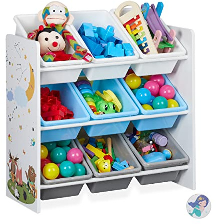 Relaxdays Kinderregal mit 9 Aufbewahrungsboxen, HBT: 67x65x31,5 cm, bunt | Spielzeugregal