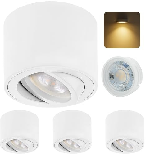 Sweet Led Aufbauspot Weiß 4er I Flach & Schwenkbar Aufbaustrahler Ø80x50mm I Deckenspots Aufputz mit 5W Modul I Spots Deckenleuchte Flach 230V Warmweiß 3000K