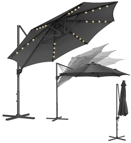 SONGMICS Sonnenschirm, Ampelschirm, 300 cm, 28 Solar-LED-Leuchten, UPF 50+, Gartenschirm, um 360° drehbar, Neigungswinkel stufenlos verstellbar, mit Kurbel, Kreuzfuß, grau GPU047G02