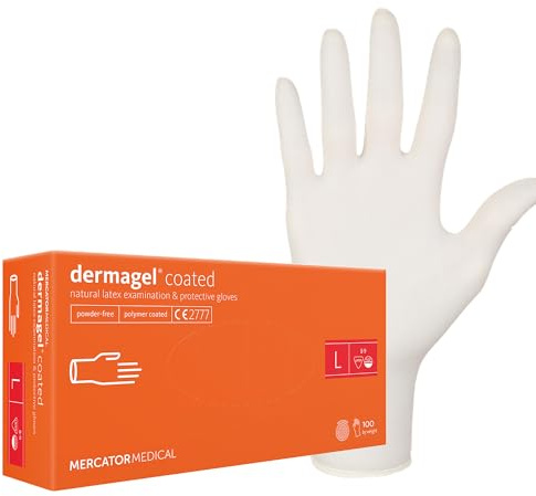 MERCATOR MEDICAL DERMAGEL COATED Latexhandschuhe, Größe L - 100 Stück, Einweghandschuhe, puderfrei, Schutzhandschuhe, transparent, puderfrei