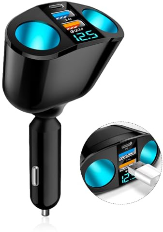 SUNNIFLY Auto Zigarettenanzünder Verteiler, 120W Auto KFZ Ladegerät Adapter mit 2 USB Anschlüssen, 1 USB-C Anschluss und 2 Zigarettenanzünder Anschlüssen, kompatibel mit 12V/24V Fahrzeugen