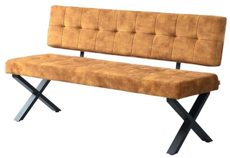 B&D home® Sitzbank Karen 160cm – gepolsterte Esszimmerbank mit Rückenlehne, X-Metallgestell schwarz, Webstoff/Microfaser in Gelb, modern Industrial Design für Esszimmer, Küche & Flur