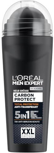 L'Oréal Men Expert XXL 5in1 Deoroller für Männer, Deo Roll-On gegen starken Schweißgeruch, Schwitzen, Achselnässe und weiße Rückstände, Herren 48H Deodorant ohne Alkohol, Carbon Protect, 1 x 100 ml
