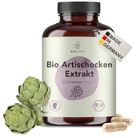 BIONUTRA Bio Artischockenextrakt Kapseln, 270 Stk. à 700 mg, 2,5% Cynarin | wässrige Extraktion aus französischen Artischockenblättern, rückstandskontrolliert, ohne Zusätze, vegan, deutsche Herstellung
