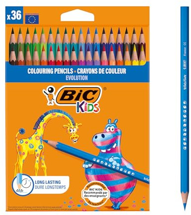 BIC Kids ECOlutions Evolution Buntstifte – Holzfrei, Aus 50 % Recyceltem Material, Bruchsichere Mine, Sechskantform, Leuchtende Farben, 36er Pack