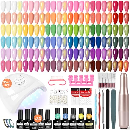 VANREESA U V Nagellack Set, Gelnägel Starterset mit Professioneller Elektrische Nagelfräser 35 Farben Gelnägel Set mit 48W U V/LED Nagellampe Rosa Orange Grün Maniküre Starter Kit Geschenk für Frauen