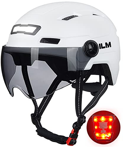 ILM Fahrradhelm mit Visier und LED Licht Mountain&Road Fahrradhelme für Damen und Herren Fahrradhelm für Pendeln in der Stadt E3-10L,Weiß S-M