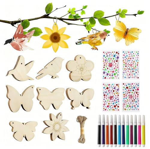 57 Stück Holz Bastelset für Kinder Holz Deko Bastelsets, Bastelset Kinder 4 5 6 7 8 9 Jahre,Basteln Kindergeburtstag, Schmetterling Blume Vogel Holzanhänger zum Bemalen für DIY Basteln Mädchen Jungen