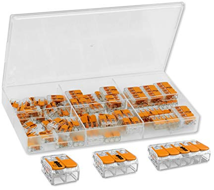 Wago Verbindungsklemmen-Set, 61 Stück, bestehend aus folgenden Klemmen: 27 x 221-412, 20 x 221-413, 14 x 221-415, in Aufbewahrungsbox