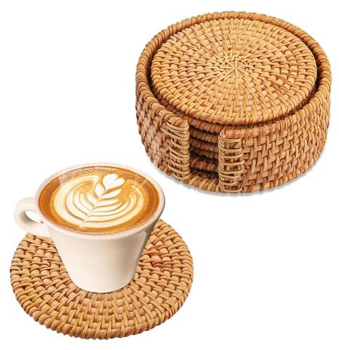 Rattan Untersetzer Set mit Halter - 6er Set Glasuntersetzer Tischuntersetzer Korkuntersetzer Rund für Getränke, Tassen, Bar - Dekorative - Glas untersetzer Set Holz