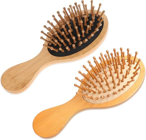 2 Stück Haarbürste Holz, Mini Reise Entwirrung Bürste mit Kopfhautmassager für Frauen