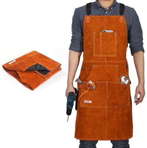 QeeLink Lederschürze - Schweißerschürze Leder mit 6 Werkzeugtaschen | Flammhemmende und Hitzebeständig Arbeitsschürze mit Verstellbar Cross Back Gurte