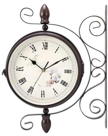 UrbanHomes Bahnhofsuhr Doppelseitig, Bahnhofsuhr Wetterfest, Runde Garten Wanduhr, Retro Schmiedeeisen Metall Wanduhren Aussen Stille Quarzuhr Wanduhr Outdoor Uhr Dekorative mit Halterung 1