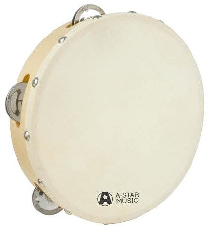 A-Star 8 Zoll/20 cm handgeführtes hölzernes Tamburin, traditionelle Einzelmetall-Glockenreihe – natürlicher Kopf
