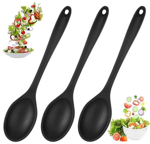 3 Stück Kochlöffel Silikon Rührlöffel, Schwarz Antihaft Silikonlöffel 27cm | Langen Griff Silikon Kochlöffel, Silicone Servierlöffel Kunststoff, Silicone Mixing Spoons für Küche, Kochen, Backen, Rühren