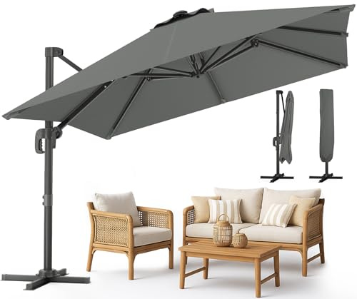 VOUNOT Ampelschirm 300 cm, Sonnenschirm mit Ständer, Kurbel, Windsicherung und Abdeckung, 360° Drehbar & 6 Neigbar, Gartenschirm für Terrasse Balkon & Garten, UV-Schutz, Wasserdicht, Dunkelgrau