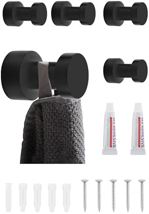 BGL Matt Schwarze Handtuchhaken - Set mit 5 Stück | Rostfreie Metall-Wandhaken für Bad & Küche | Selbstklebend oder zur Wandmontage