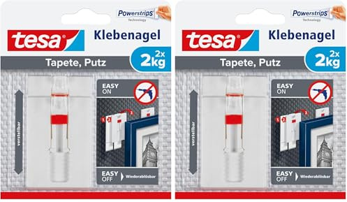 tesa Verstellbarer Klebenagel für Tapeten und Putz 2 kg - Höhenverstellbarer, selbstklebender Wandnagel - Bis zu 2 kg Halteleistung pro Nagel - 2-er Pack (Packung mit 2)