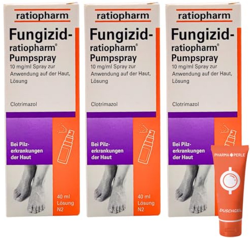 Fungizid ratio Pumpspray – Behandlung von Fußpilz und Hautpilzinfektionen mit Clotrimazol – Lindert Juckreiz, Brennen und Hautschuppen I Sparset mit Pharma Perle Duschgel (3 x 40 ml)
