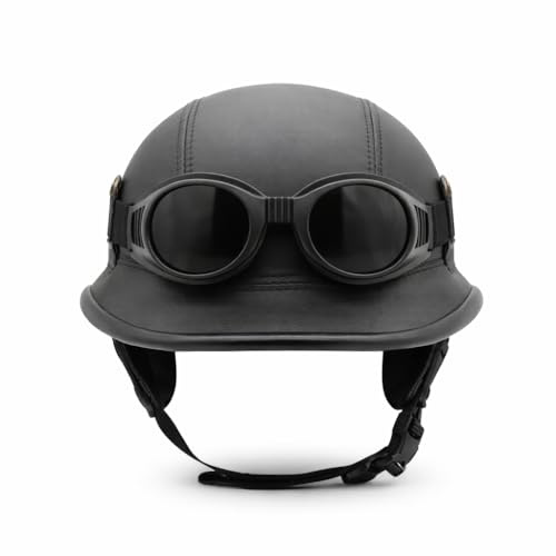 Motorrad Halbschalenhelm Vintage Lederlook inkl. Abnehmbarer Sonnenbrille, Harley Chopper Militär Mofa Roller (M, H1)
