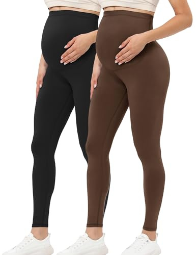 Buttergene Damen Umstandsleggings über dem Bauch Schwangerschaft Active Wear Workout Yoga Tights Hose, 2er-Pack, Schwarz/Kaffee, M