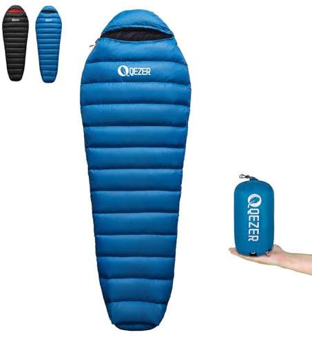 QEZER Daunenschlafsack, Ultralight Schlafsack mit 660FP Daunen Schalfsack kleines Packmaß bis -5°C, nur 820g Trekking Schlafsack für Camping und Wandern Outdoor 4 Jahreszeiten (Blau)