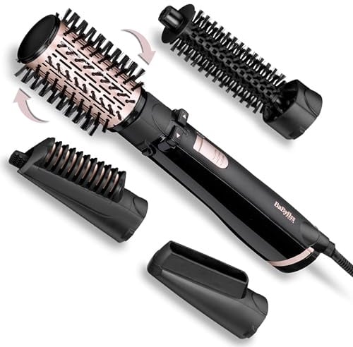 BaByliss Dry, Straighten and Style - Rotierende Warmluftbürste, 1000W Ionen Rundbürstenföhn mit 4 Aufsätzen zum Föhnen, Glätten, Volumen kreieren, Schwarz, AS200E