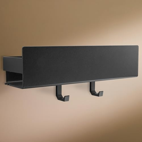 Designfabrik Hamburg Duschablage | 30 cm Schwarz | Duschregal ohne Bohren | Badablage aus Metall zur Klebemontage | Mit Haken für Duschabzieher | bietet Platz für Shampoo in Dusche oder Gäste-WC