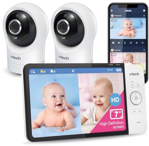 VTech Smart Babyphone mit 7-HD-Farbbildschirm, WLAN, 2 Kameras mit 1080p-FHD-Kamera, kostenloser App, Schwenk-Neige-Zoom-Funktion, Schlafliedern, beruhigenden Klängen, Gegensprechfunktion: RM7764-2HD