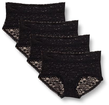 Amazon Essentials Damen Bequeme Hipster-Unterwäsche Aus Stretch-Spitze, 4er-Pack, Schwarz, 46