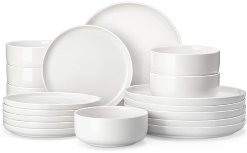 MALACASA LUNA Geschirrset 6 Personen, Teller Set 18-tlg, Porzellan Modern | Geschirr aus 6 Speisetellern, 6 Desserttellern & 6 Müslischalen aus weißem Porzellan Tafelservice