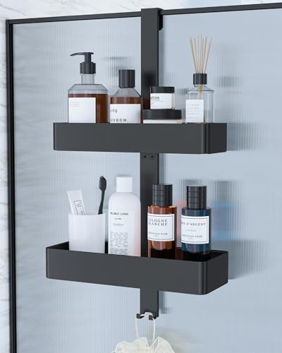 Kitsure Duschregal ohne Bohren, 2-stöckiges Duschablage zum Hängen, Schwarz | rostfrei & vielseitiges Duschregal, praktisch für Shampoo, Handtuch & Abzieher, 29,1 x 11,2 x 5,1cm