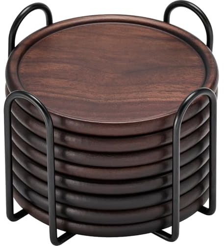 Holzuntersetzer mit Metallhalter GOH DODD Set aus 8 Holzuntersetzern für Getränke Schreibtisch Couchtisch Zuhause Küche Büro Bar Tischschutz Wohnzimmer Deko Walnuss Untersetzer 4 Zoll