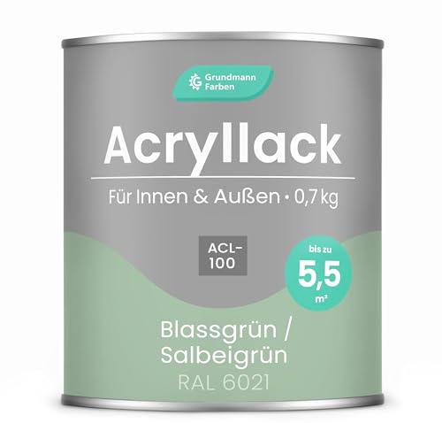 Grundmann Acryllack ACL 100 - Salbeigrün Mintgrün 0,7 Kg - 4in1 Lack inkl. Grundierung - Innen und Außen - Für Holz, Metall, Stein & Kunststoff - Blassgrün RAL 6021