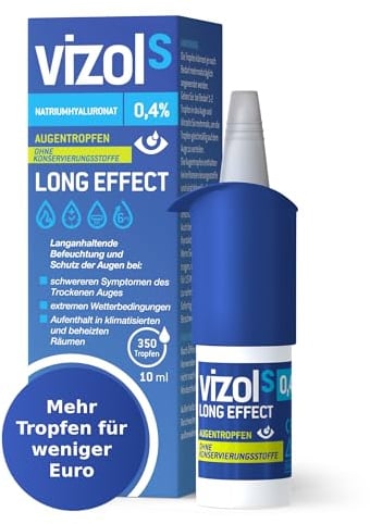 Vizol S 0,4% Long Effect Augentropfen bei starken Symptomen trockener und gereizter Augen, beruhigende Pflege in der stärksten Konzentration von 0,4% Natriumhyaluronat