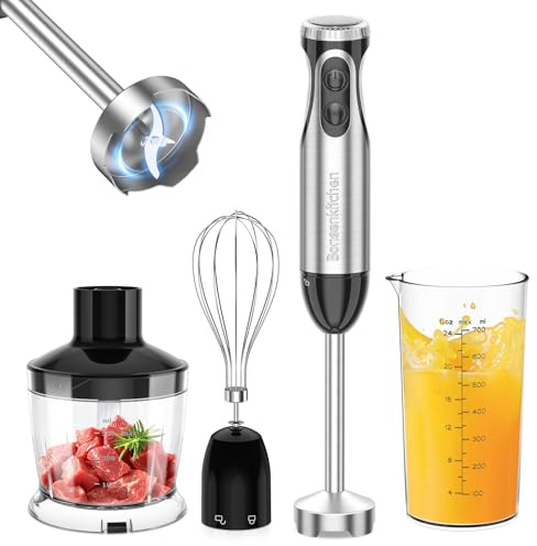 Bonsenkitchen Pürierstab, 4-en-1 Stabmixer Elektrischer, 1000W Stufenlos Geschwindigkeiten, Edelstahl, Schneebesen, 500ml Häcksler und 700ml Messbecher für Babynahrung, HB3203 (Schwarz)
