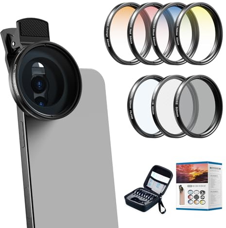 APEXEL 52mm Handy-Objektiv, Kamerafilter-Set 7-in-1, 4 Verlaufsfilter (blau, gelb, orange, rot), CPL, ND32, Sternfilter, geeignet für alle Arten von Kameras und Handys