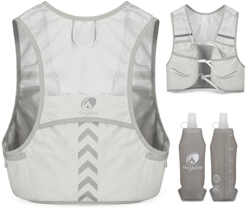 Outplea Laufweste mit 2 Stück 500ml Wasserflasche, Leicht Laufrucksack Herren Damen, Trinkrucksack Trinkweste für Tailrunning Laufen Marathon Zubehör, Grau/ M