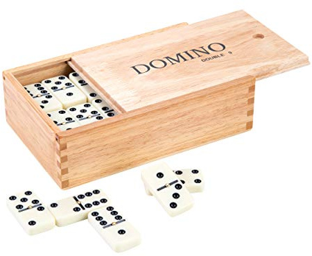 Domino Spiel Doppel 9 55 Kunststoffsteine Holzkiste Schiebedeckel Ab 3 | Klassisches Dominospiel Ab 3 Jahren, 55 Kunststoffsteine 50 x 25 x 10 mm, Holzkiste Mit Schiebedeckel, Regeln, Familie