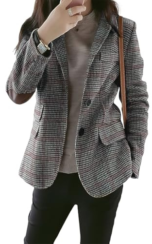 ebossy Damen-Blazer, Vintage-Stil, ohne Revers, einreihig, Hahnentrittmuster, kariert, Jacke mit aufgesetztem Ellenbogen