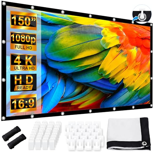 Beamer Leinwand 150 Zoll, LEORFI Projektionsleinwand Outdoor 16: 9 HD, Tragbare Faltbar Anti-Falten Projektion 336x190cm, Doppelseitige Projektion, Projektor Leinwand für Camping und Heimkino