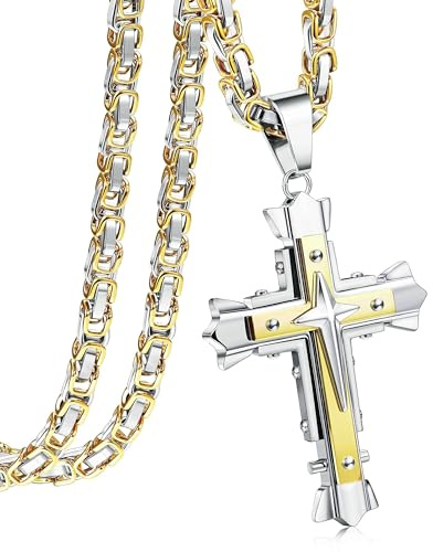 CASSIECA Kreuz Kette Herren Edelstahl Byzantinische Ketten Kreuz Anhänger für Jungs Halskette für Herren Jesus Kette mit Königskette Gold 61cm
