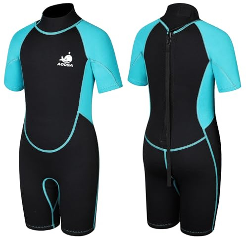 AOOSA Neoprenanzug Kinder für Jungen und Mädchen, 2.5 mm Neopren Thermo Badeanzug, Shorty Neoprenanzug mit Reißverschluss Hinten für Wassersport, Schwimmen, Schnorcheln, Surfen, Tauchen (Blau, XL)