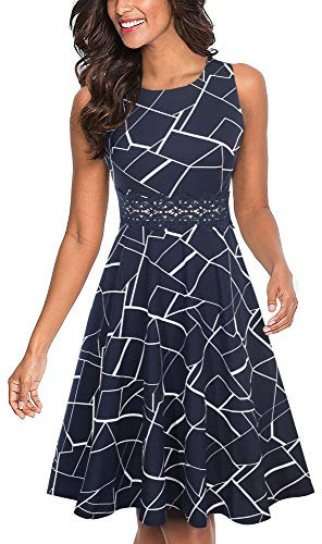HOMEYEE Damen Vintage Rundhalsausschnitt Blumen Bestickt Knielang Elegant Cocktailkleid UKA079